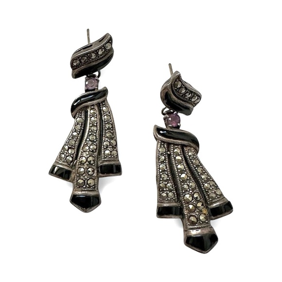 Vintage 80's Art Deco Silver and Black Sparkly Dangle Earrings - Picture 4 of 5